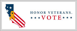 Honor Veterans. Vote. Banner logo. California state outline with united states flag inside state outline. With text Honor Veterans. Vote. next to the state outline. 